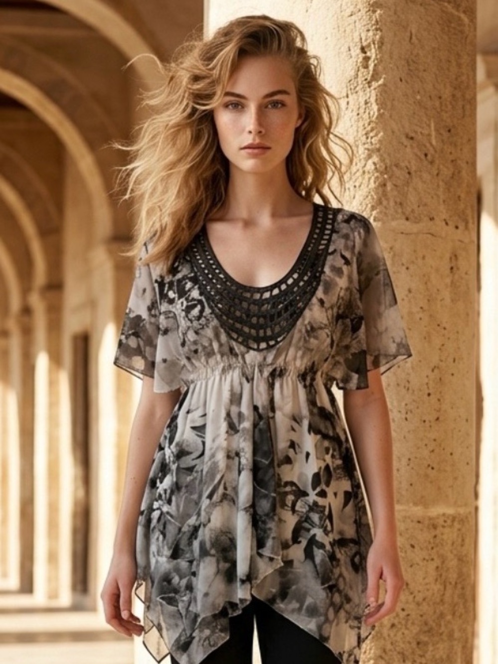 ONE WORLD Black and Gray Floral Lace-Trim Tunic